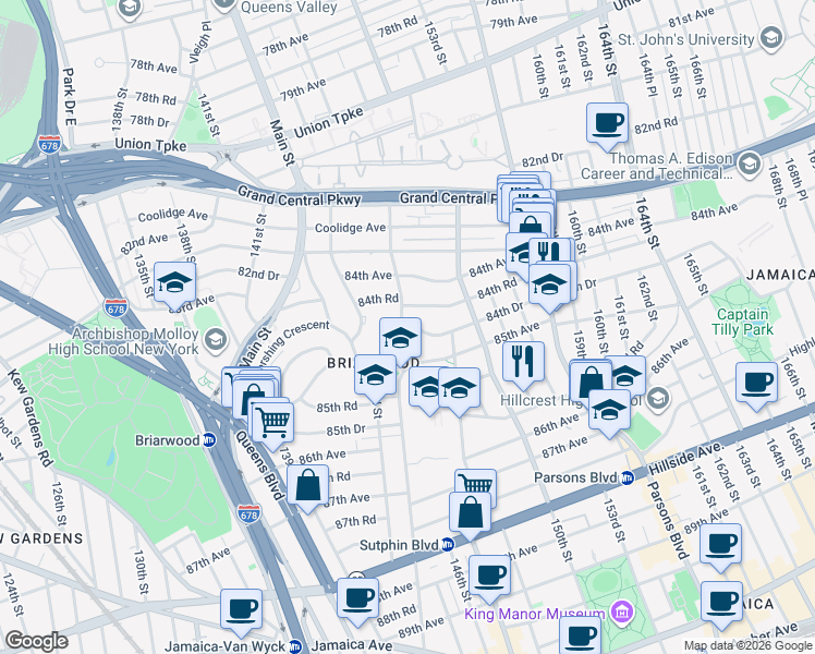 map of restaurants, bars, coffee shops, grocery stores, and more near 147-22 84th Drive in Queens