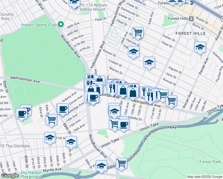 map of restaurants, bars, coffee shops, grocery stores, and more near 8807 69th Avenue in Queens