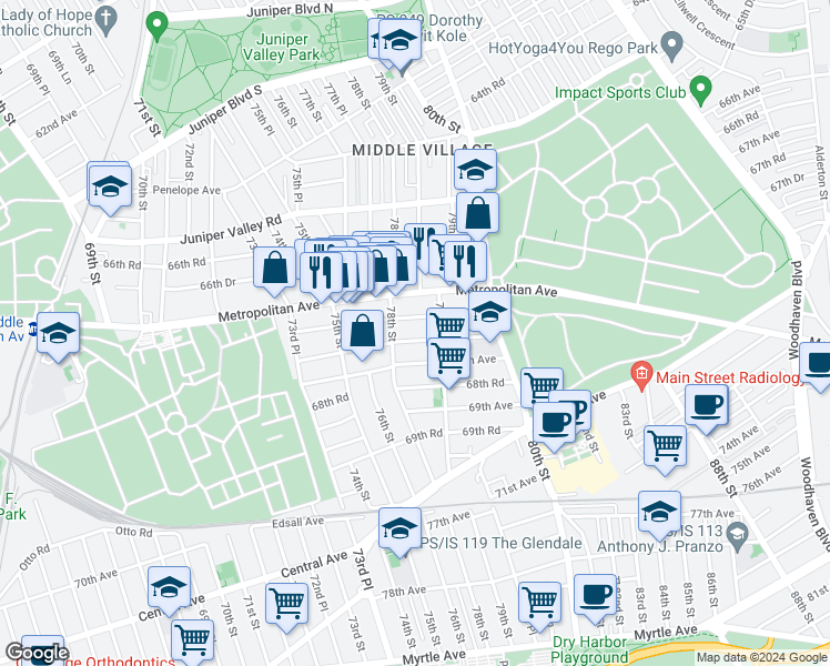 map of restaurants, bars, coffee shops, grocery stores, and more near 67-57 78th Street in Queens