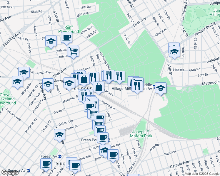 map of restaurants, bars, coffee shops, grocery stores, and more near 64-58 Admiral Avenue in Queens