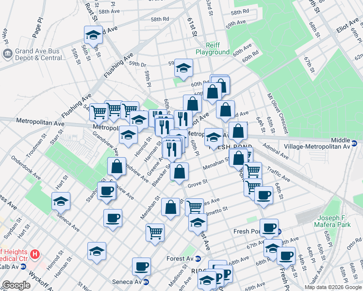 map of restaurants, bars, coffee shops, grocery stores, and more near 62-71 Forest Avenue in Queens