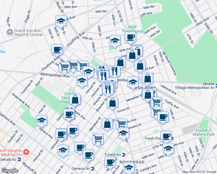 map of restaurants, bars, coffee shops, grocery stores, and more near 62-71 Forest Avenue in Queens