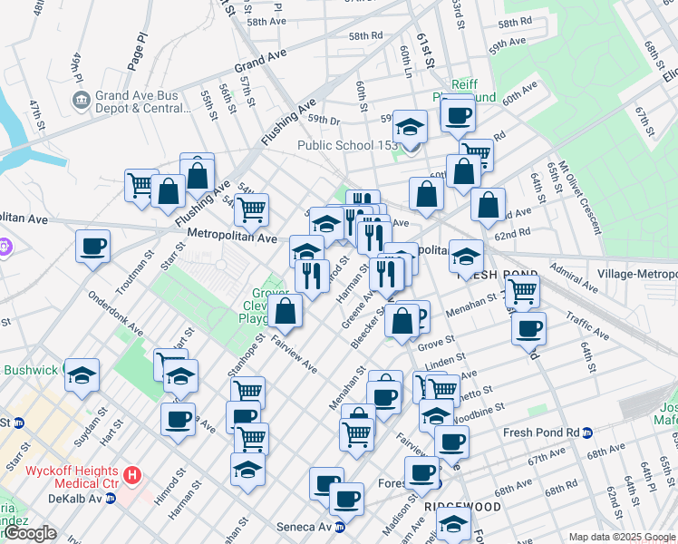 map of restaurants, bars, coffee shops, grocery stores, and more near 21-46 Himrod Street in Queens