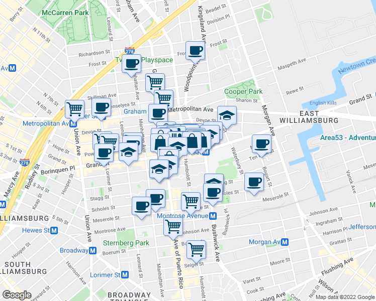 map of restaurants, bars, coffee shops, grocery stores, and more near 770 Grand Street in Brooklyn
