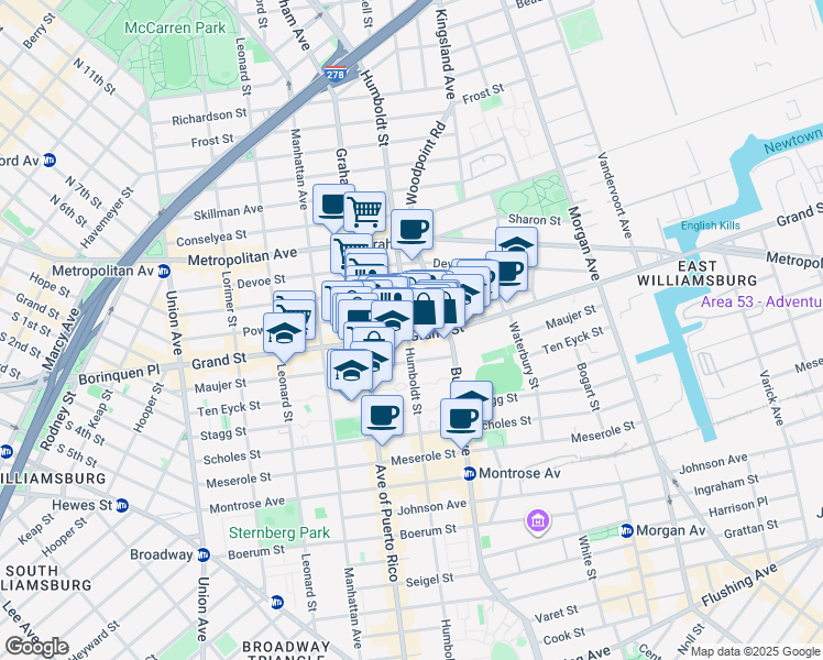 map of restaurants, bars, coffee shops, grocery stores, and more near 770 Grand Street in Brooklyn