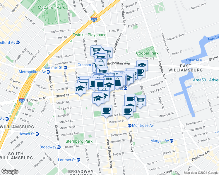 map of restaurants, bars, coffee shops, grocery stores, and more near 770 Grand Street in Brooklyn