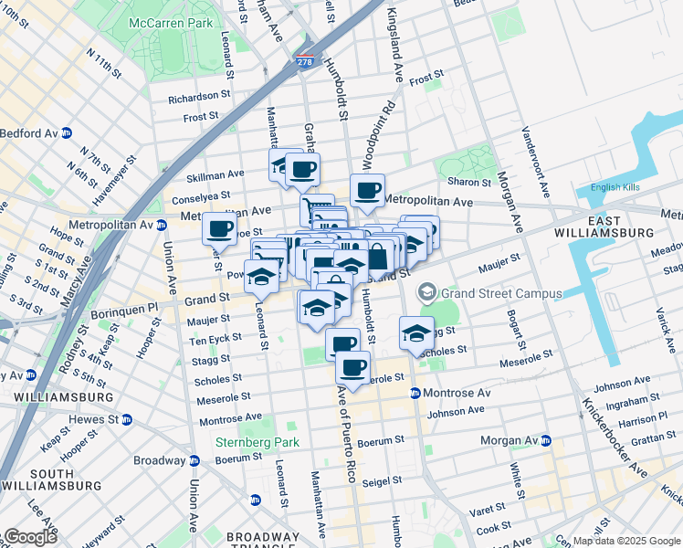 map of restaurants, bars, coffee shops, grocery stores, and more near 702 Grand Street in Brooklyn