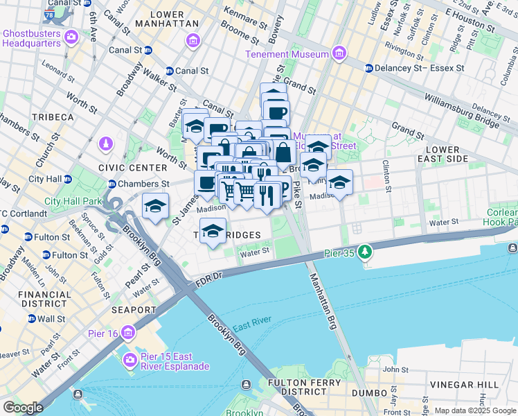 map of restaurants, bars, coffee shops, grocery stores, and more near 34 Monroe Street in New York