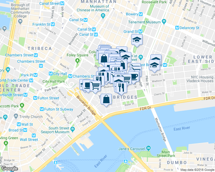 map of restaurants, bars, coffee shops, grocery stores, and more near 46 Madison Street in New York