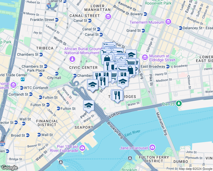 map of restaurants, bars, coffee shops, grocery stores, and more near 25 Saint James Place in New York