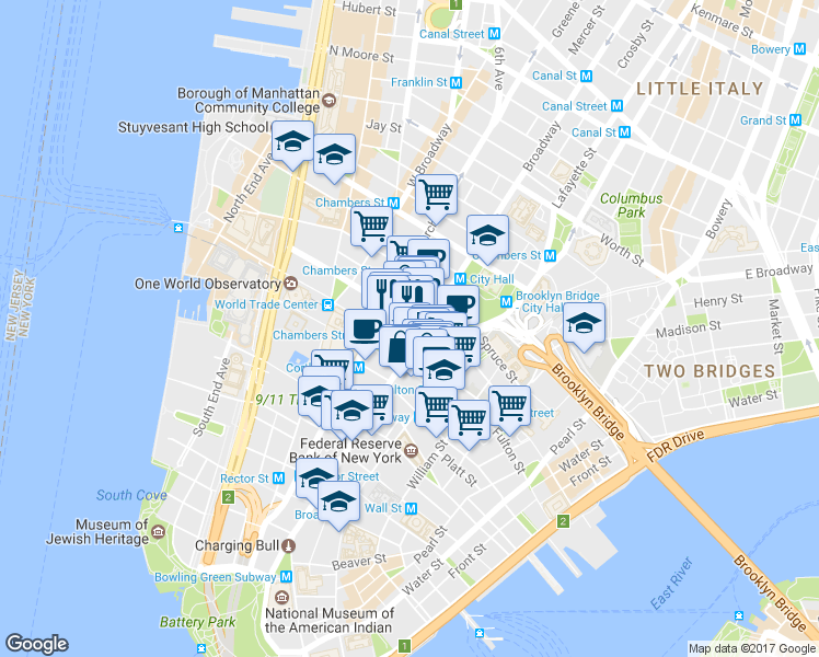 map of restaurants, bars, coffee shops, grocery stores, and more near 225 Broadway in New York