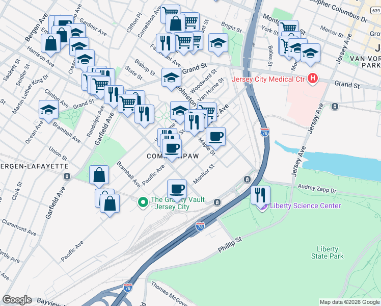 map of restaurants, bars, coffee shops, grocery stores, and more near 304 Whiton Street in Jersey City