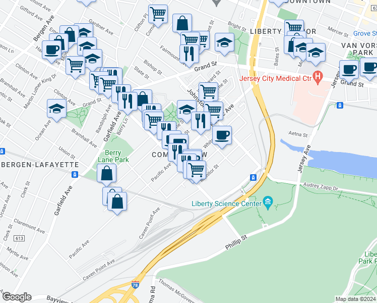 map of restaurants, bars, coffee shops, grocery stores, and more near 304 Whiton Street in Jersey City
