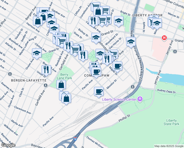map of restaurants, bars, coffee shops, grocery stores, and more near in Jersey City