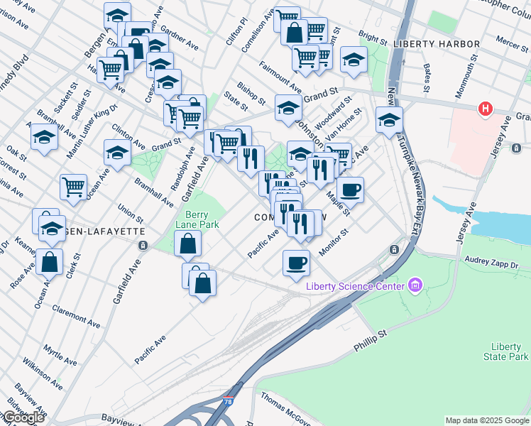 map of restaurants, bars, coffee shops, grocery stores, and more near in Jersey City