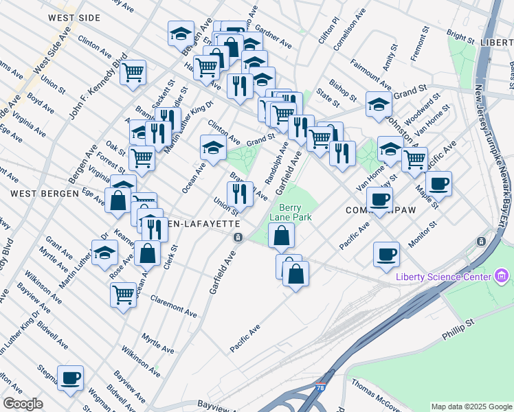 map of restaurants, bars, coffee shops, grocery stores, and more near in Jersey City