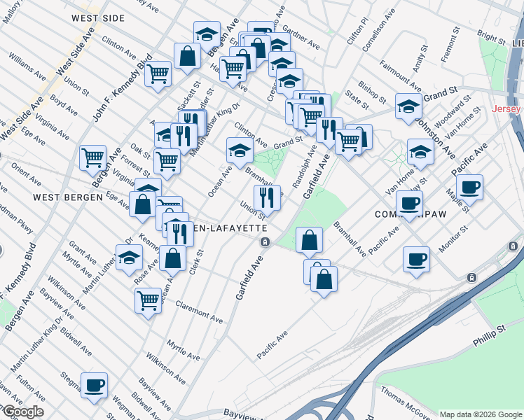 map of restaurants, bars, coffee shops, grocery stores, and more near 23 Union Street in Jersey City