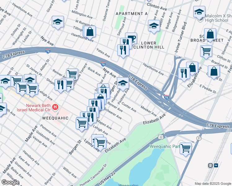 map of restaurants, bars, coffee shops, grocery stores, and more near 465-471 Peshine Avenue in Newark