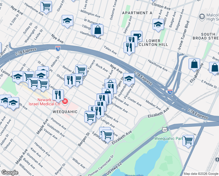 map of restaurants, bars, coffee shops, grocery stores, and more near 166 Renner Avenue in Newark