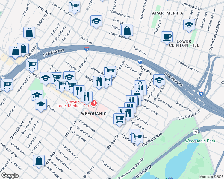 map of restaurants, bars, coffee shops, grocery stores, and more near 181 Shephard Avenue in Newark