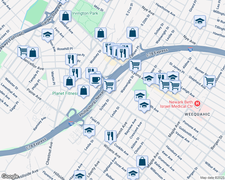 map of restaurants, bars, coffee shops, grocery stores, and more near 294 Schley Street in Newark