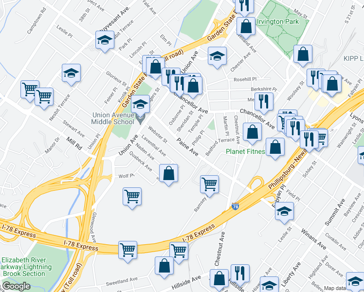 map of restaurants, bars, coffee shops, grocery stores, and more near 29 Webster Street in Irvington
