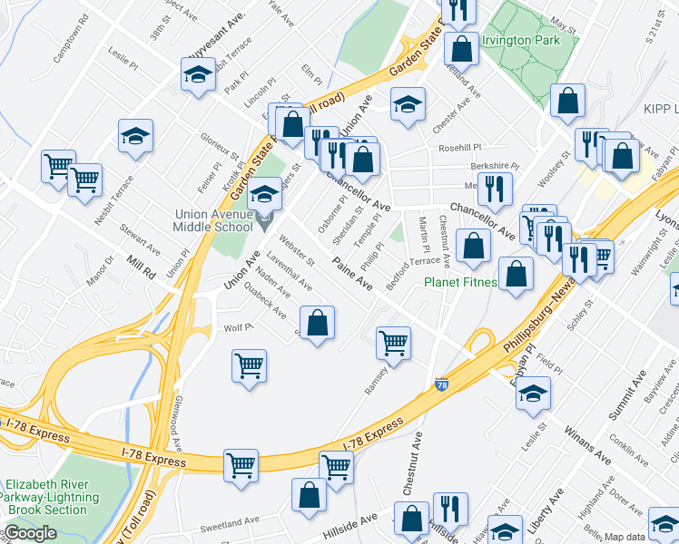 map of restaurants, bars, coffee shops, grocery stores, and more near 29 Webster Street in Irvington