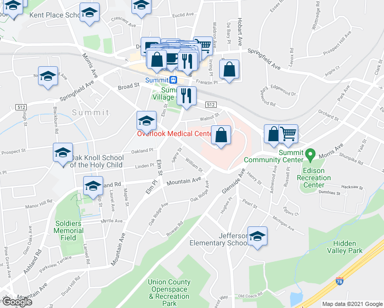 map of restaurants, bars, coffee shops, grocery stores, and more near 12 William Street in Summit