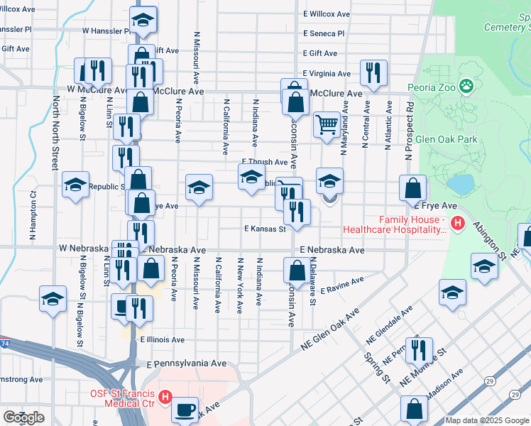 map of restaurants, bars, coffee shops, grocery stores, and more near 703 East Kansas Street in Peoria