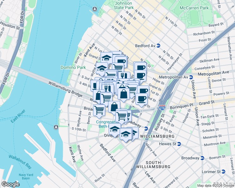 map of restaurants, bars, coffee shops, grocery stores, and more near 154 South 3rd Street in Brooklyn