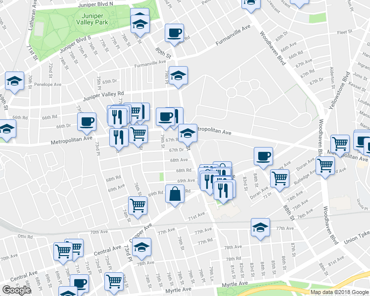 map of restaurants, bars, coffee shops, grocery stores, and more near 67-46 80th Street in Queens