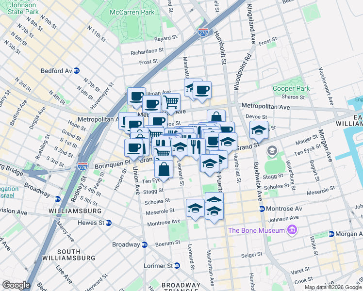 map of restaurants, bars, coffee shops, grocery stores, and more near in Brooklyn