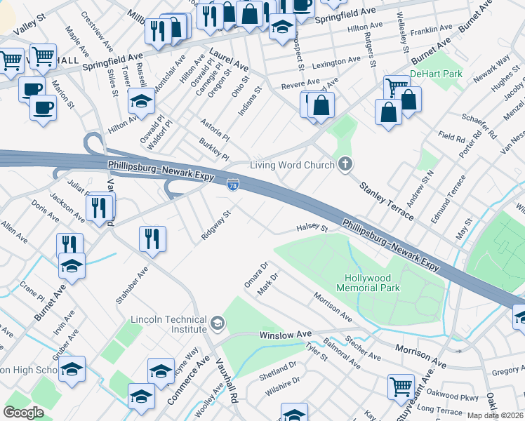 map of restaurants, bars, coffee shops, grocery stores, and more near 1639 Edward Terrace South in Union