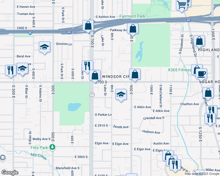 map of restaurants, bars, coffee shops, grocery stores, and more near 2728 South 800 East in Salt Lake City