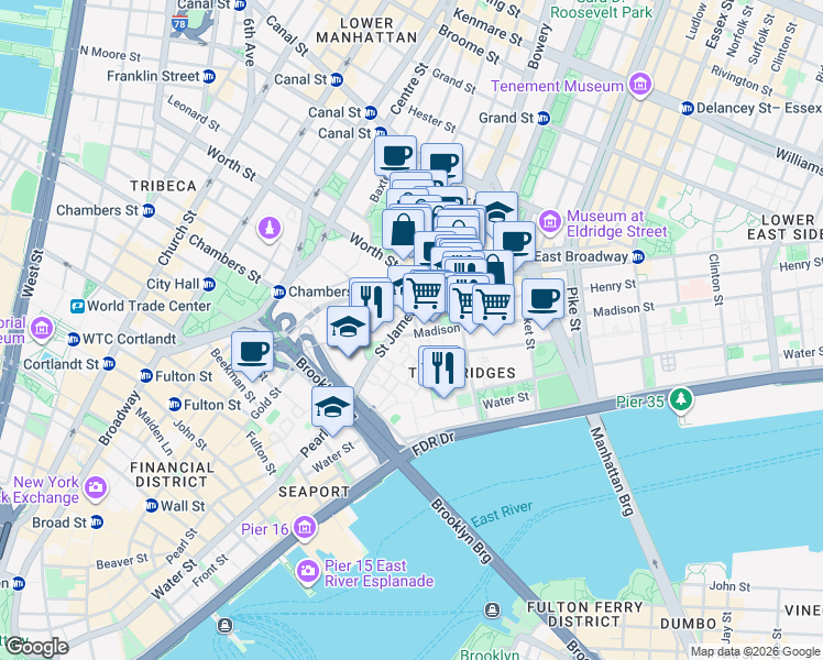 map of restaurants, bars, coffee shops, grocery stores, and more near 25 Saint James Place in New York