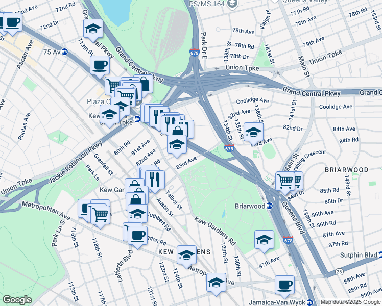 map of restaurants, bars, coffee shops, grocery stores, and more near 123-40 83rd Avenue in Queens