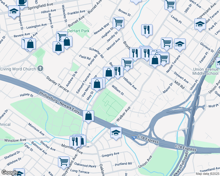 map of restaurants, bars, coffee shops, grocery stores, and more near 1693 Stuyvesant Avenue in Union