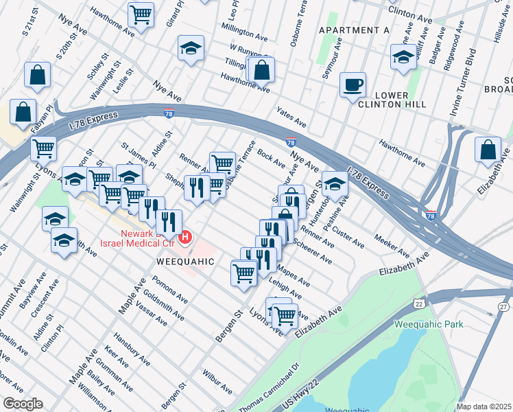map of restaurants, bars, coffee shops, grocery stores, and more near 204 Renner Avenue in Newark