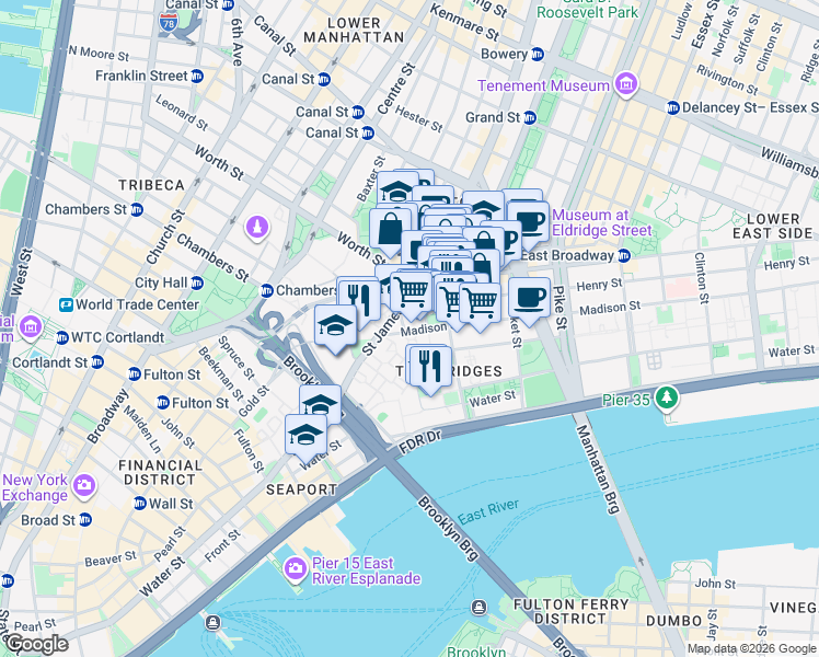 map of restaurants, bars, coffee shops, grocery stores, and more near 82 James Street in New York