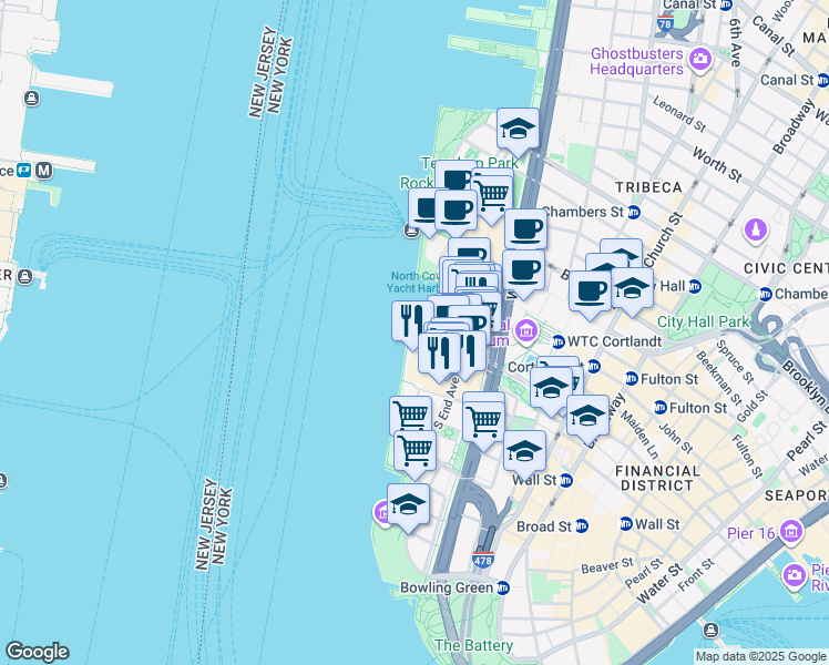 map of restaurants, bars, coffee shops, grocery stores, and more near 385 South End Avenue in New York