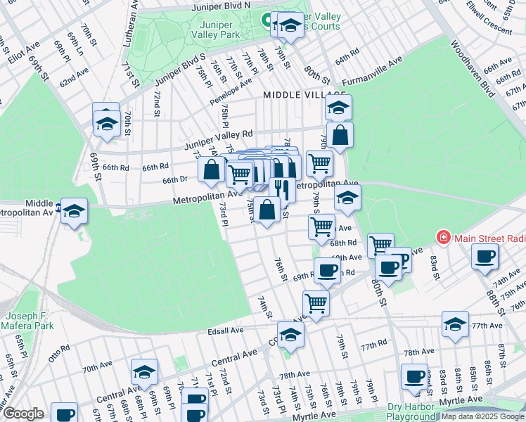 map of restaurants, bars, coffee shops, grocery stores, and more near 75-22 67th Drive in Queens
