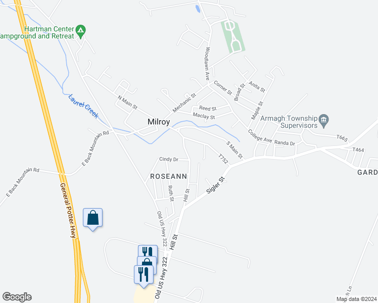 map of restaurants, bars, coffee shops, grocery stores, and more near 130 Hill Street in Milroy