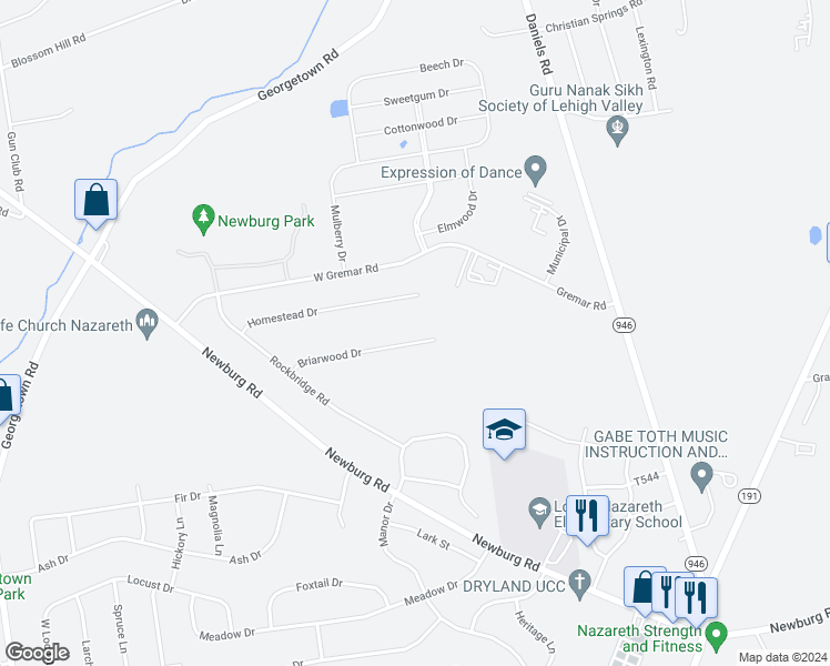 map of restaurants, bars, coffee shops, grocery stores, and more near 4478 Briarwood Drive in Nazareth