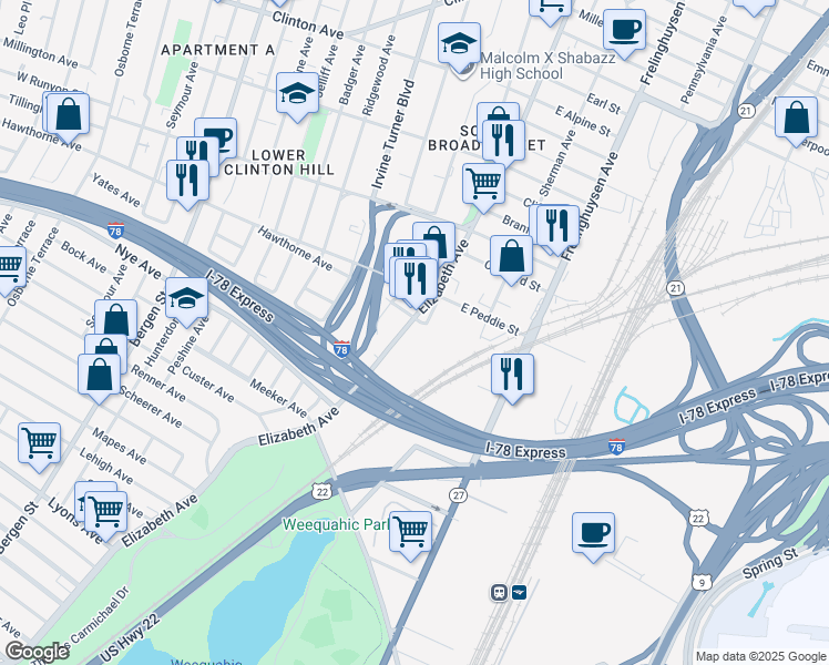 map of restaurants, bars, coffee shops, grocery stores, and more near 320 Elizabeth Avenue in Newark