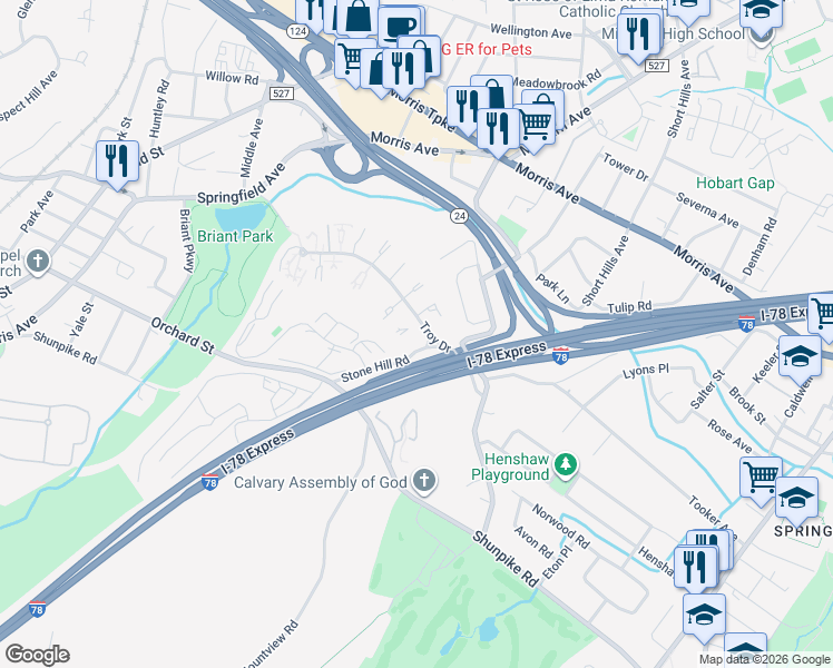 map of restaurants, bars, coffee shops, grocery stores, and more near 9A Stone Hill Road in Springfield