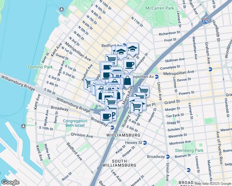 map of restaurants, bars, coffee shops, grocery stores, and more near 153 Havemeyer Street in Brooklyn