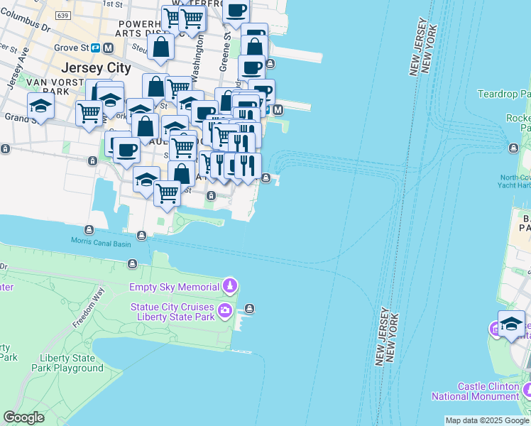 map of restaurants, bars, coffee shops, grocery stores, and more near 20 Hudson Street in Jersey City