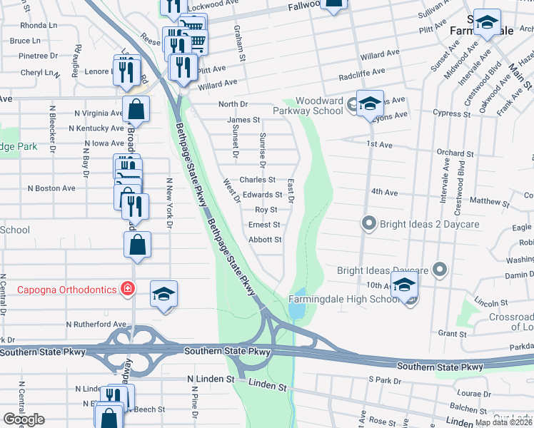 map of restaurants, bars, coffee shops, grocery stores, and more near 107 Ernest Street in Massapequa