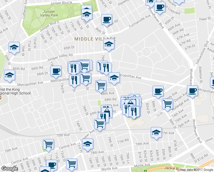 map of restaurants, bars, coffee shops, grocery stores, and more near 79-25 67th Drive in Queens