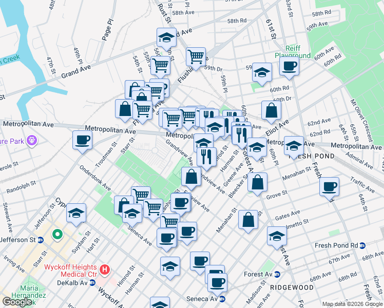 map of restaurants, bars, coffee shops, grocery stores, and more near 451 Grandview Avenue in Queens